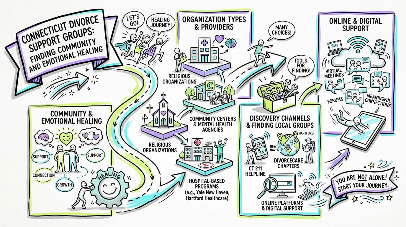 Sketchnote visual guide for Connecticut Divorce Support Groups: Finding Community and Emotional Healing
