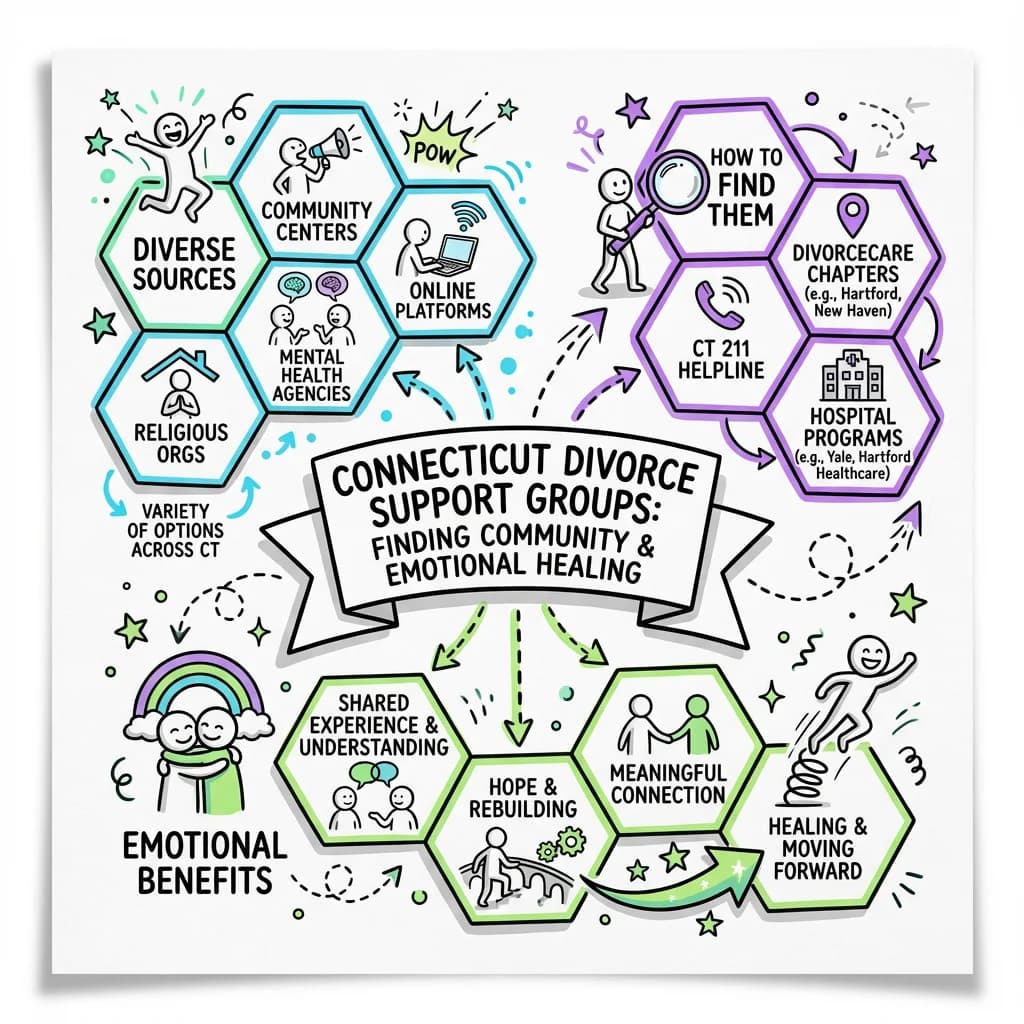 Sketchnote visual guide for Connecticut Divorce Support Groups: Finding Community and Emotional Healing