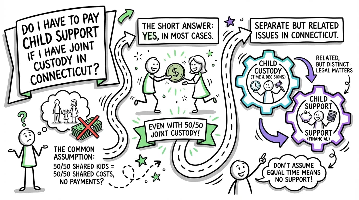 Sketchnote visual guide for Do I have to pay child support if I have joint custody in Connecticut?