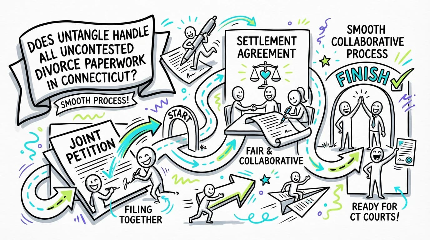 Visual overview showing the key steps and concepts for Does Untangle Handle All Uncontested Divorce Paperwork in Connecticut? in Connecticut