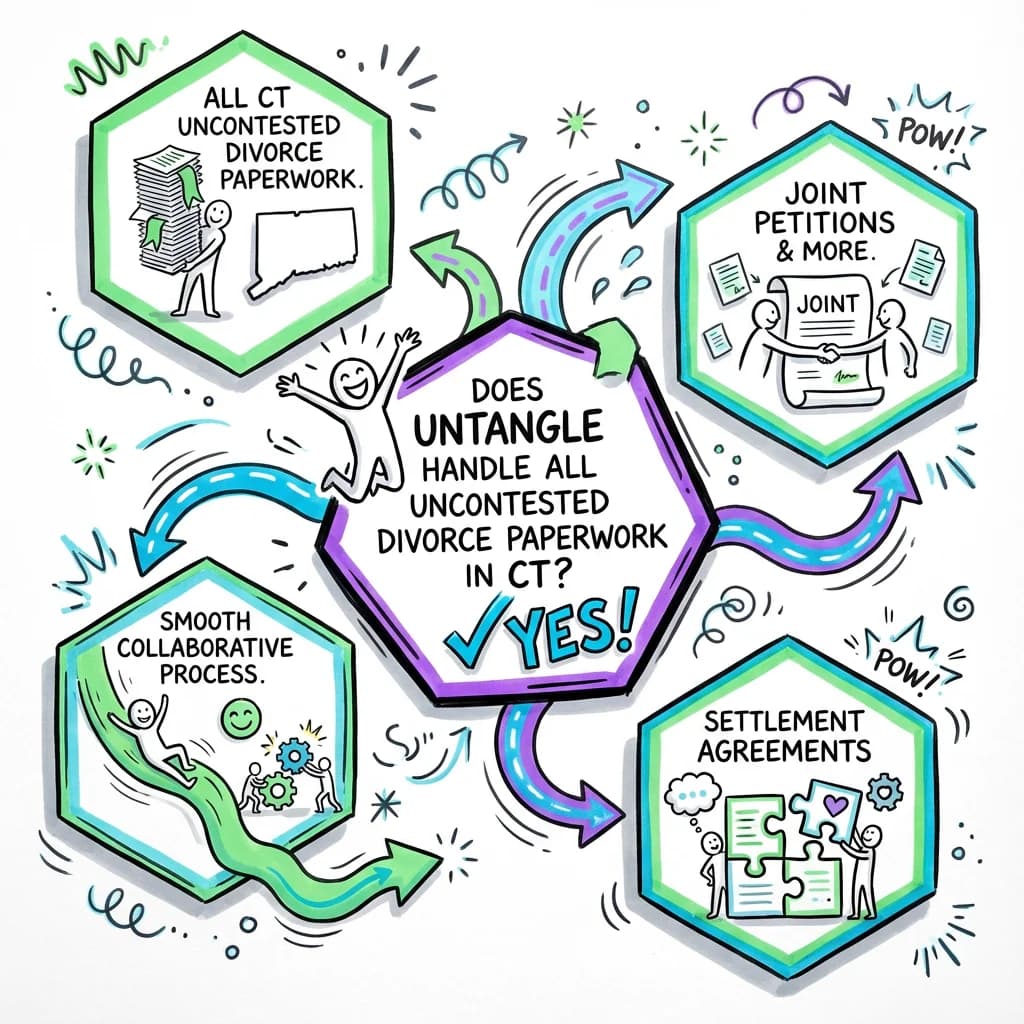 Illustrated guide summarizing the main points about Does Untangle Handle All Uncontested Divorce Paperwork in Connecticut?