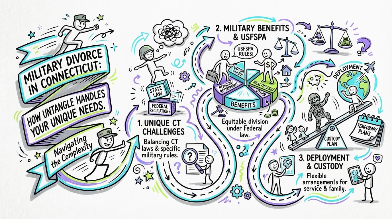 Visual overview showing the key steps and concepts for Military Divorce in Connecticut: How Untangle Handles Your Unique Needs in Connecticut