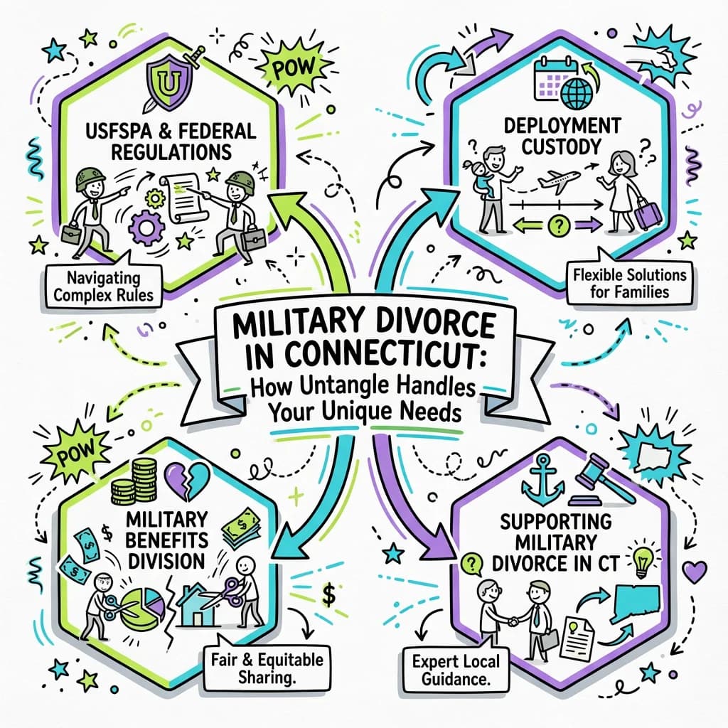 Illustrated guide summarizing the main points about Military Divorce in Connecticut: How Untangle Handles Your Unique Needs
