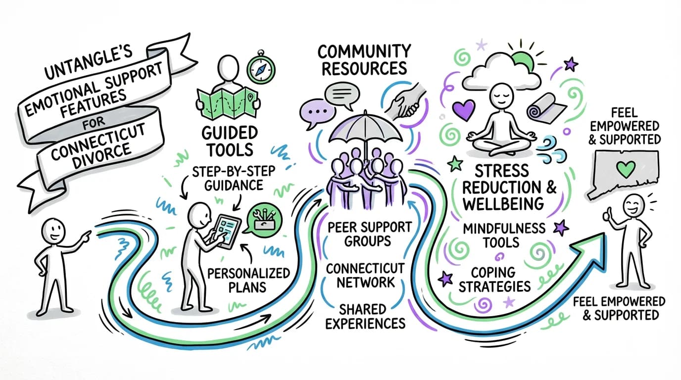 Visual overview showing the key steps and concepts for Untangle's Emotional Support Features for Connecticut Divorce in Connecticut