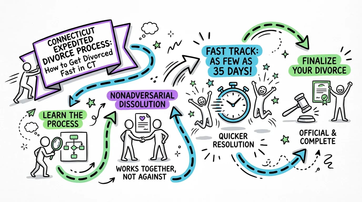 Visual overview showing the key steps and concepts for Connecticut Expedited Divorce Process: How to Get Divorced Fast in CT in Connecticut