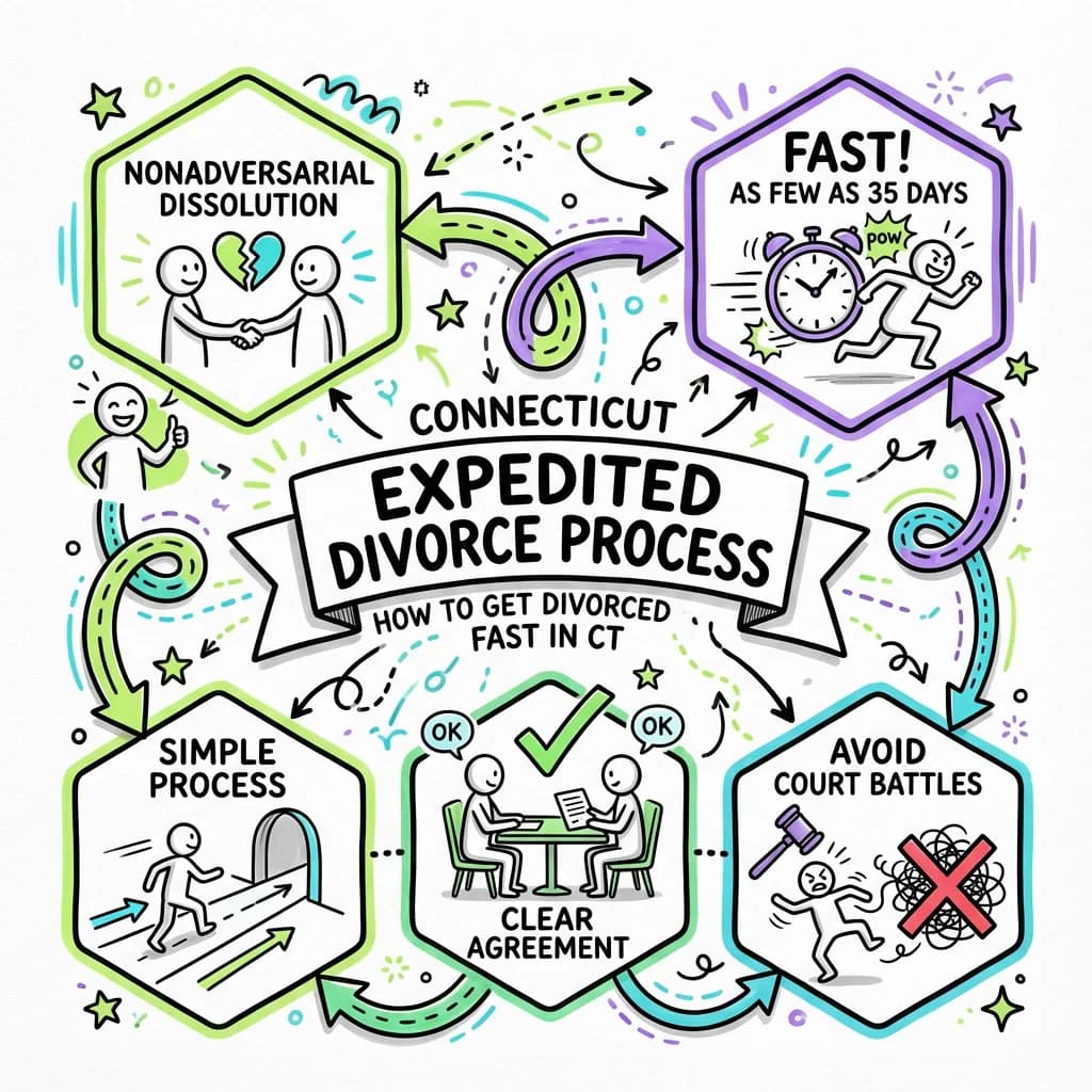 Illustrated guide summarizing the main points about Connecticut Expedited Divorce Process: How to Get Divorced Fast in CT