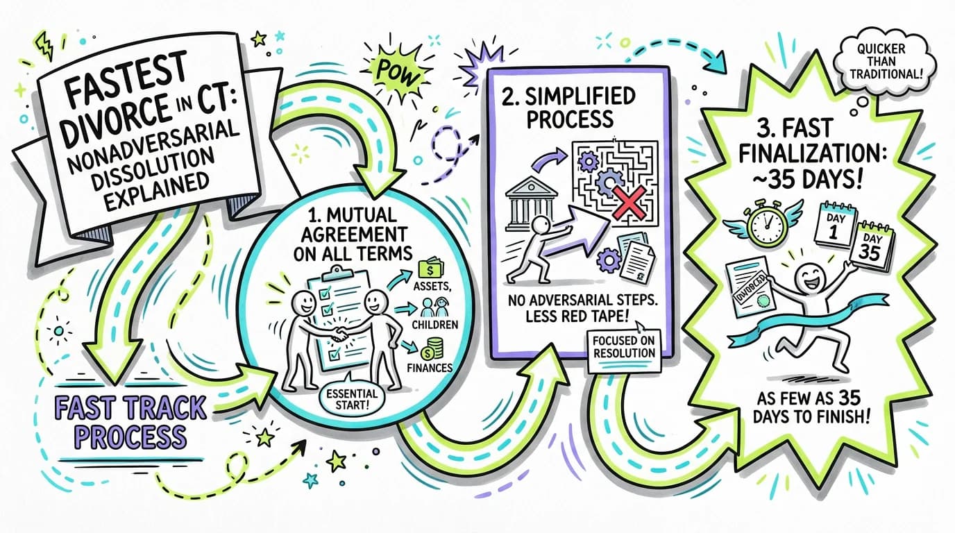 Visual overview showing the key steps and concepts for Fastest Way to Get Divorced in Connecticut: Nonadversarial Divorce Explained in Connecticut