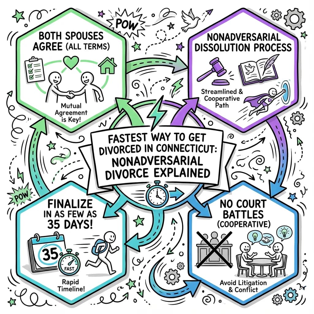 Illustrated guide summarizing the main points about Fastest Way to Get Divorced in Connecticut: Nonadversarial Divorce Explained