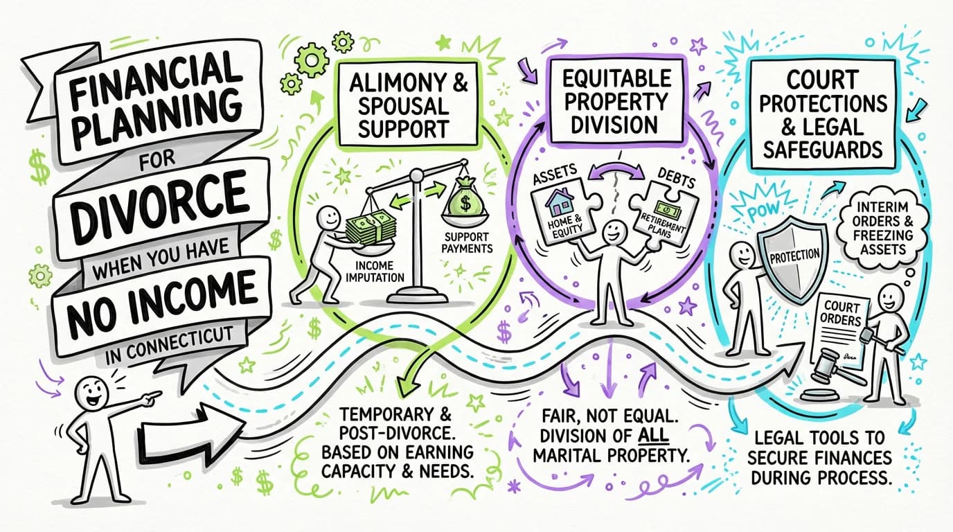 Visual overview showing the key steps and concepts for Financial Planning for Divorce When You Have No Income in Connecticut in Connecticut