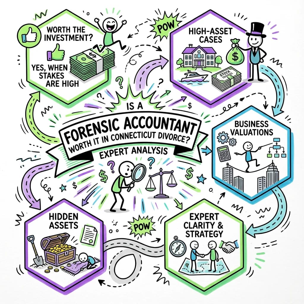 Illustrated guide summarizing the main points about Is a Forensic Accountant Worth It in Connecticut Divorce? Expert Analysis