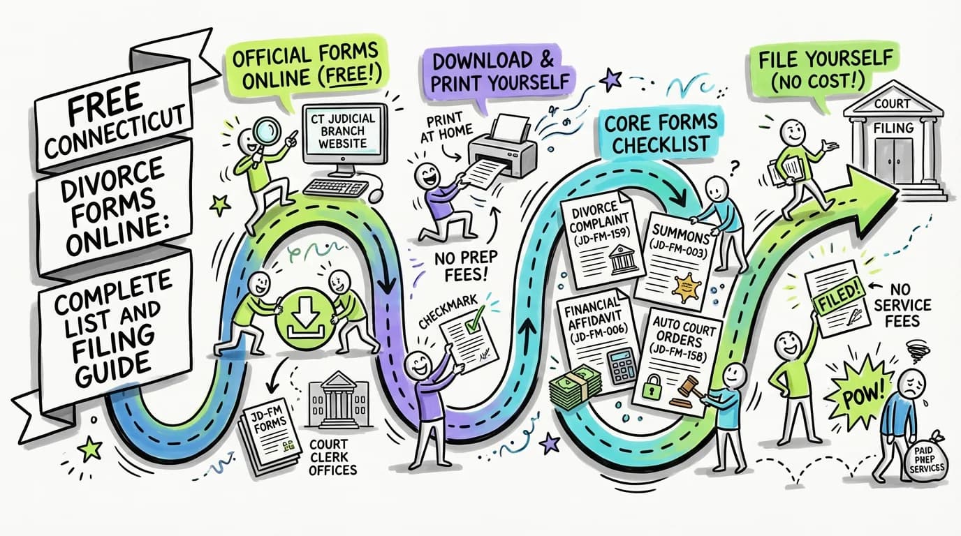 Sketchnote visual guide for Free Connecticut Divorce Forms Online: Complete List and Filing Guide