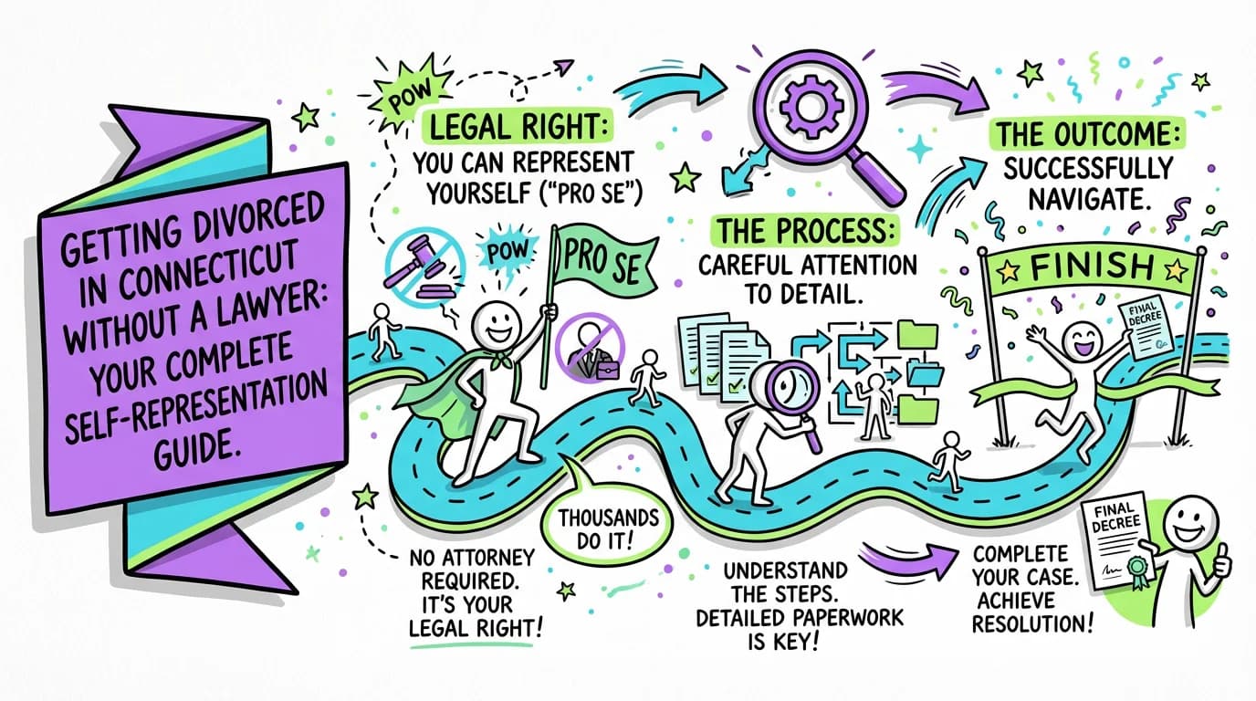 Sketchnote visual guide for Getting Divorced in Connecticut Without a Lawyer: Your Complete Self-Representation Guide