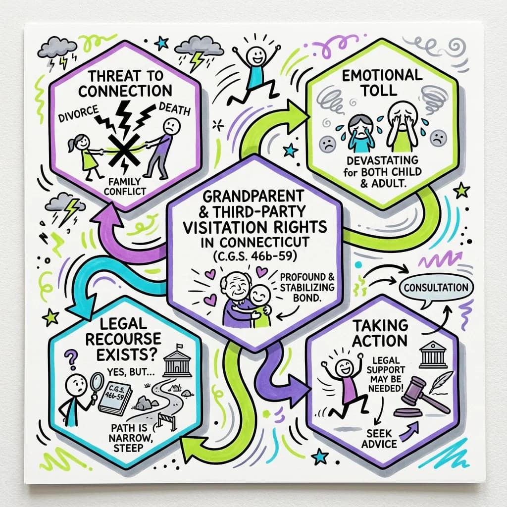 Sketchnote visual guide for Grandparent and Third-Party Visitation Rights in Connecticut (C.G.S. 46b-59)