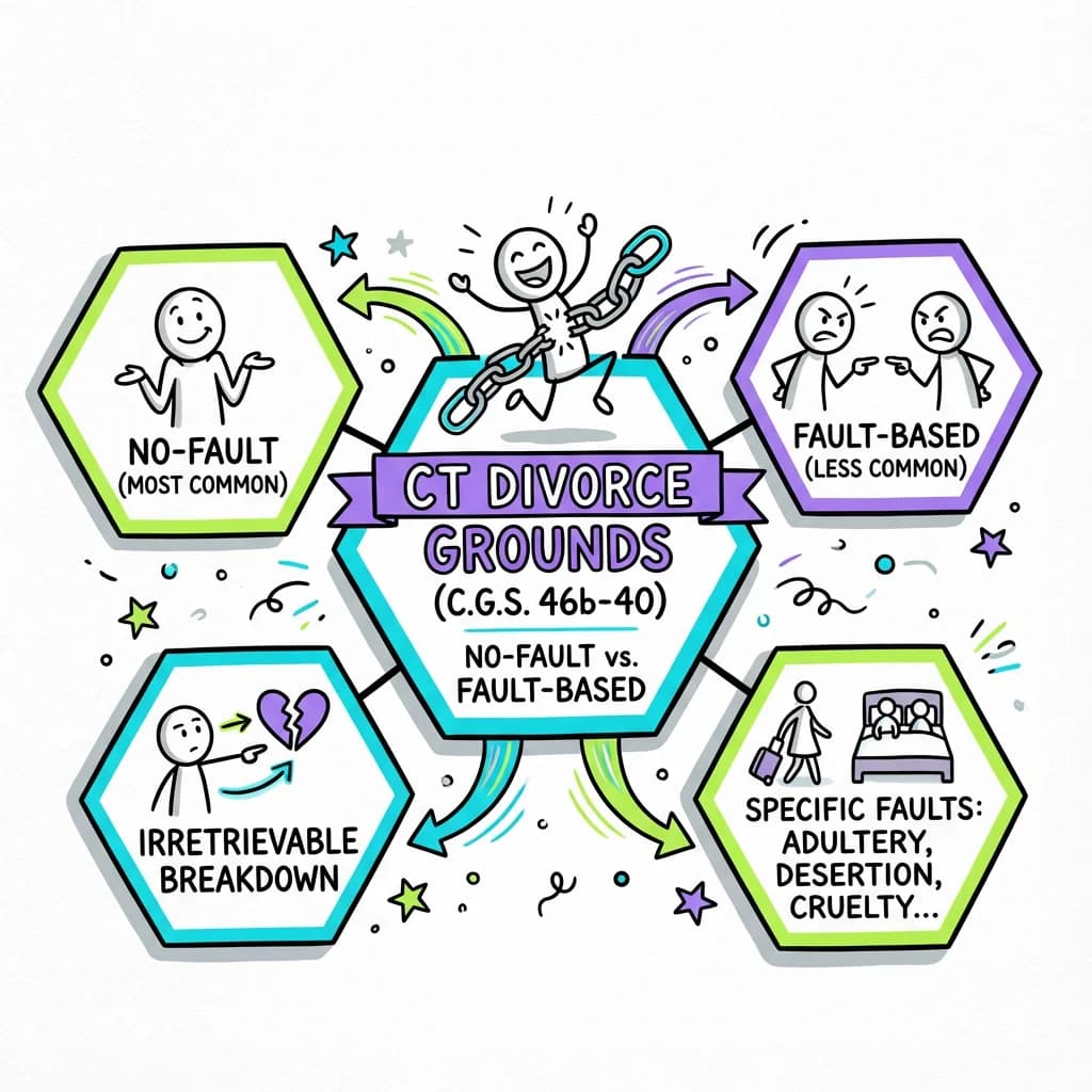 Sketchnote visual guide for Grounds for Divorce in Connecticut: No-Fault vs. Fault-Based (C.G.S. 46b-40)