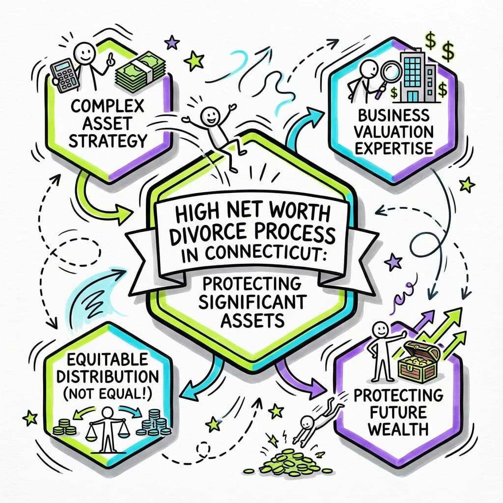 Illustrated guide summarizing the main points about High Net Worth Divorce Process in Connecticut: Protecting Significant Assets