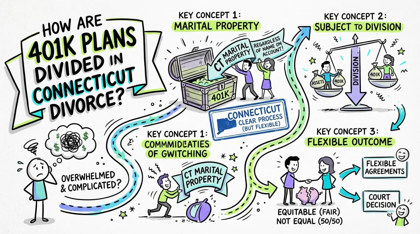 Sketchnote visual guide for How are 401k plans divided in Connecticut divorce?