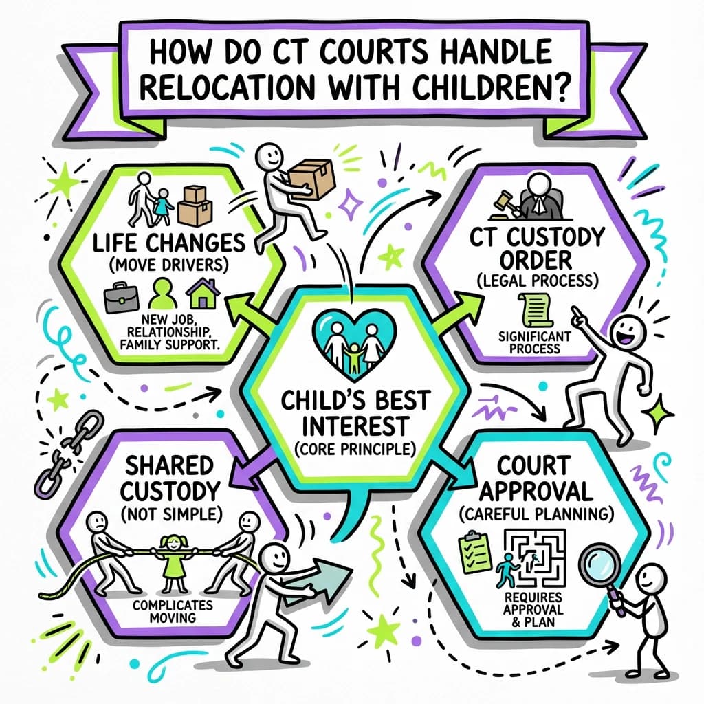 Sketchnote visual guide for How do Connecticut courts handle relocation with children?