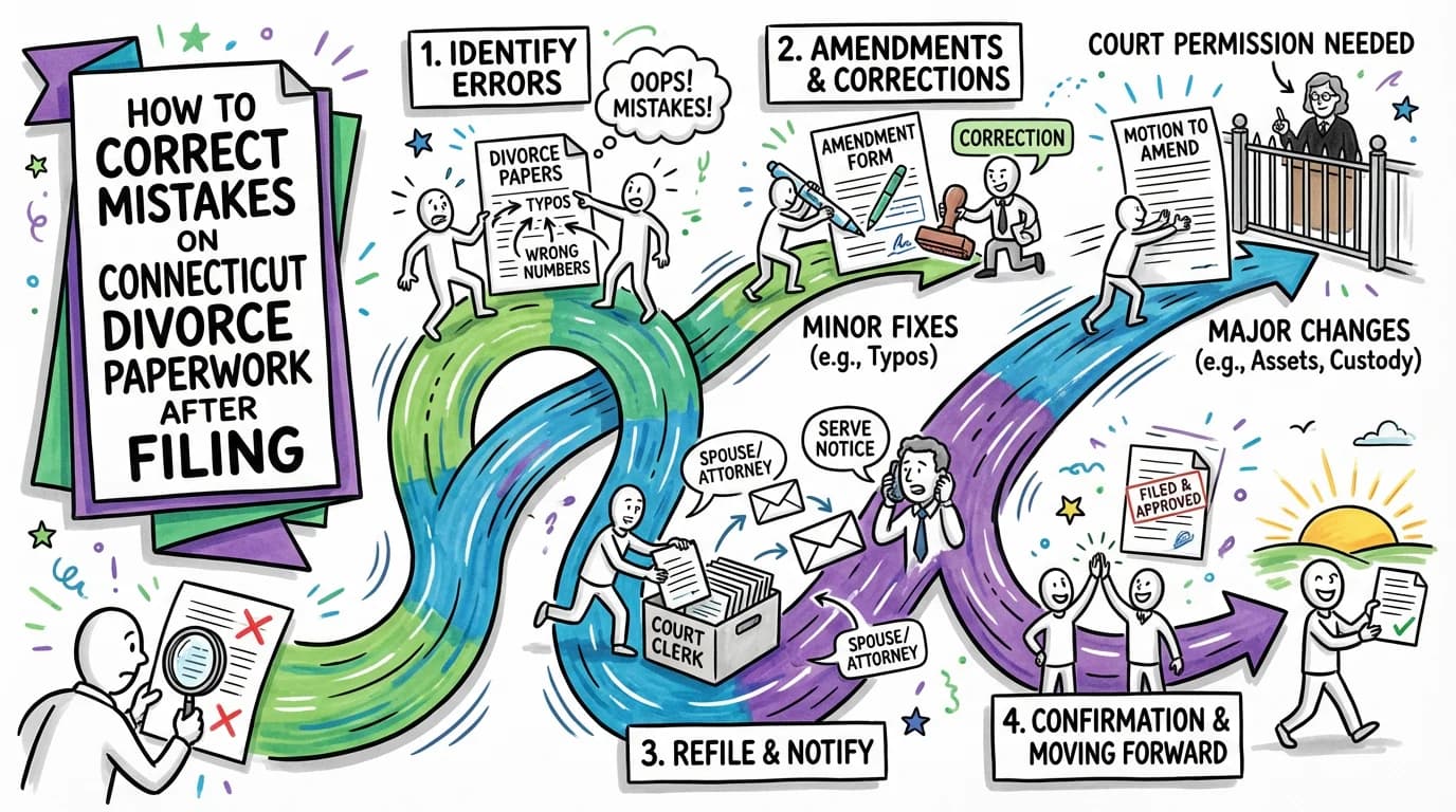 Sketchnote visual guide for How to Correct Mistakes on Connecticut Divorce Paperwork After Filing
