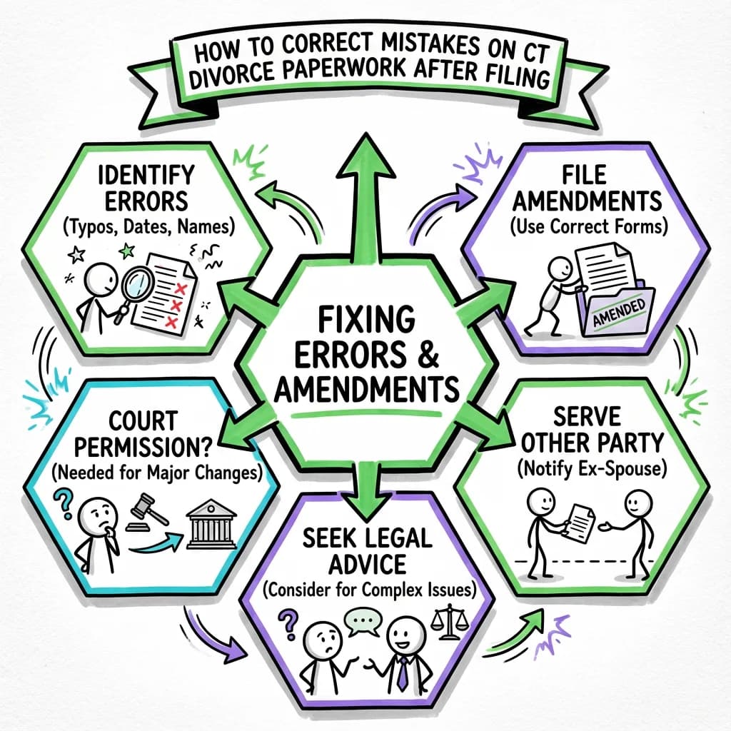 Sketchnote visual guide for How to Correct Mistakes on Connecticut Divorce Paperwork After Filing