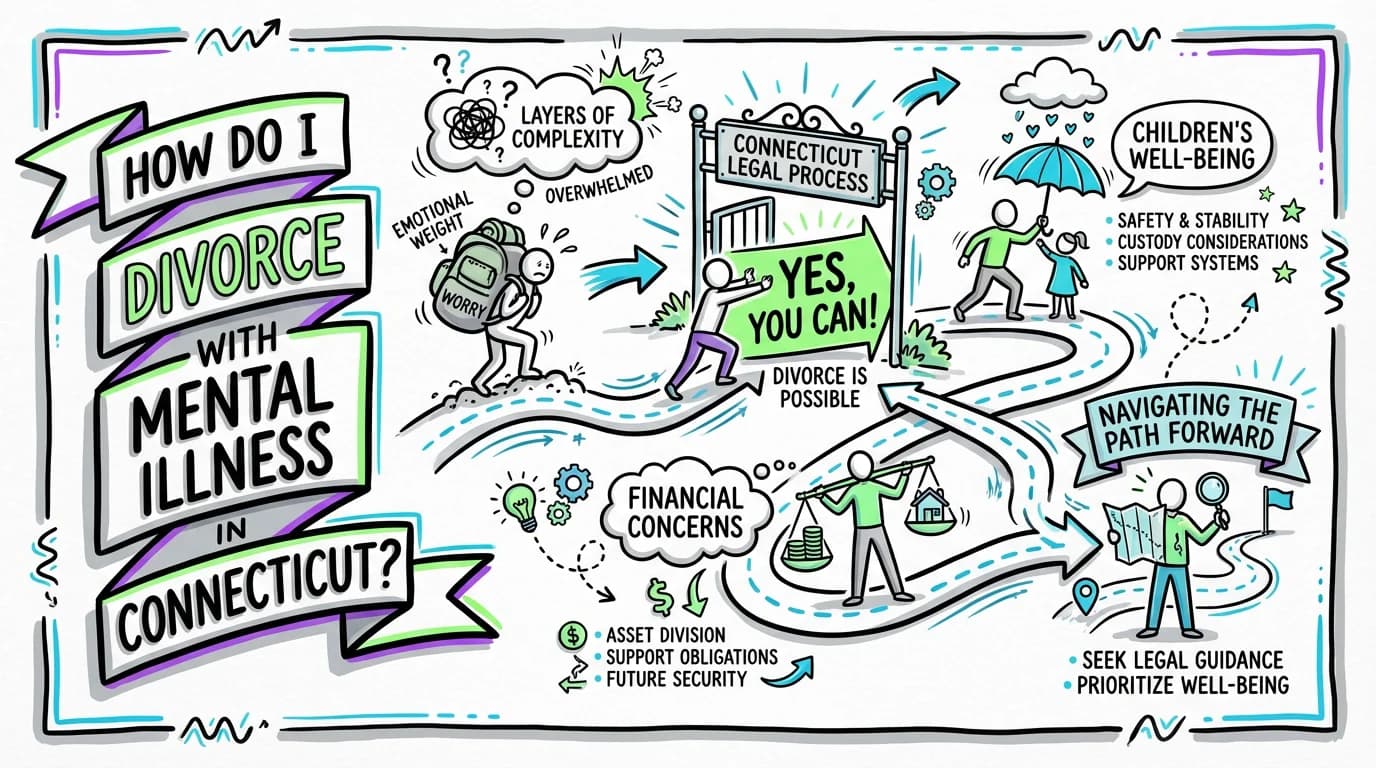 Sketchnote visual guide for How do I divorce someone with mental illness in Connecticut?
