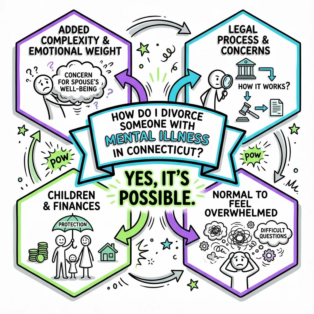 Sketchnote visual guide for How do I divorce someone with mental illness in Connecticut?