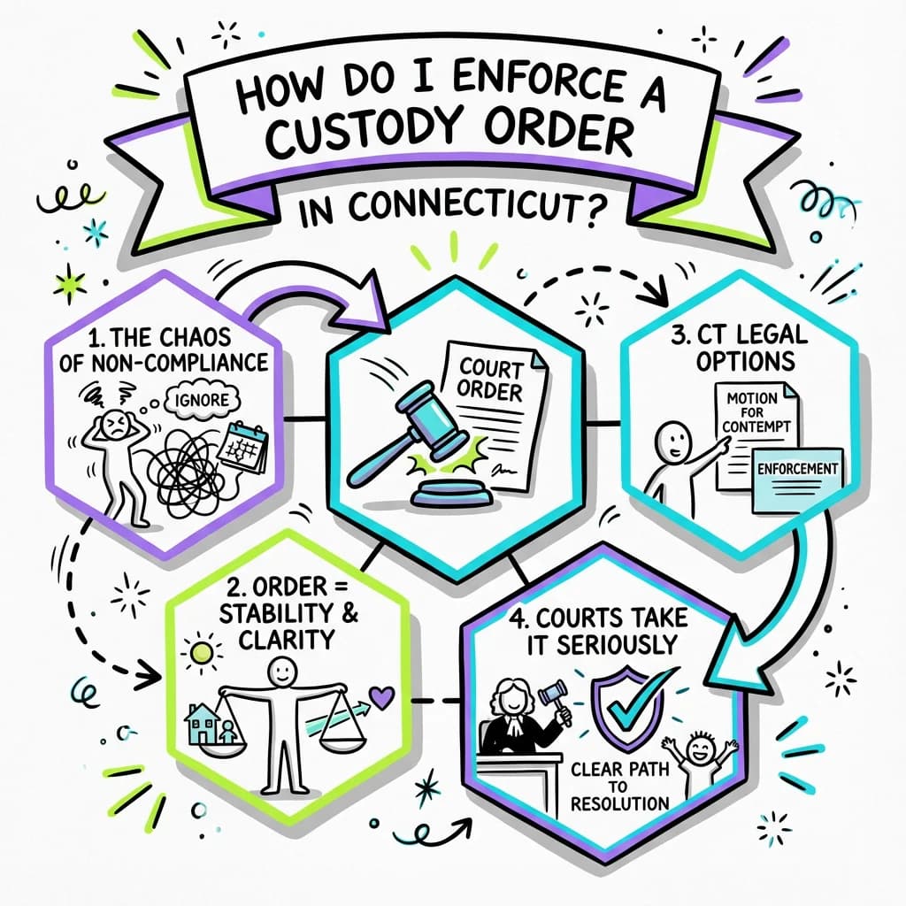 Sketchnote visual guide for How do I enforce a custody order in Connecticut?