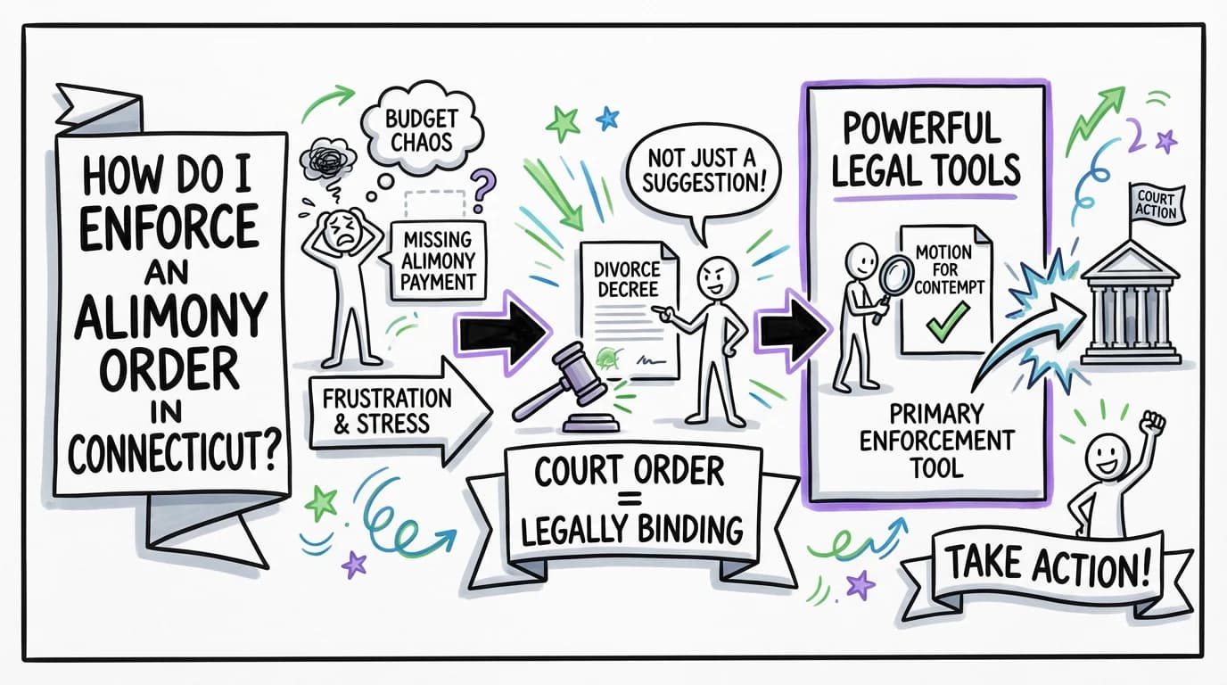 Sketchnote visual guide for How do I enforce an alimony order in Connecticut?