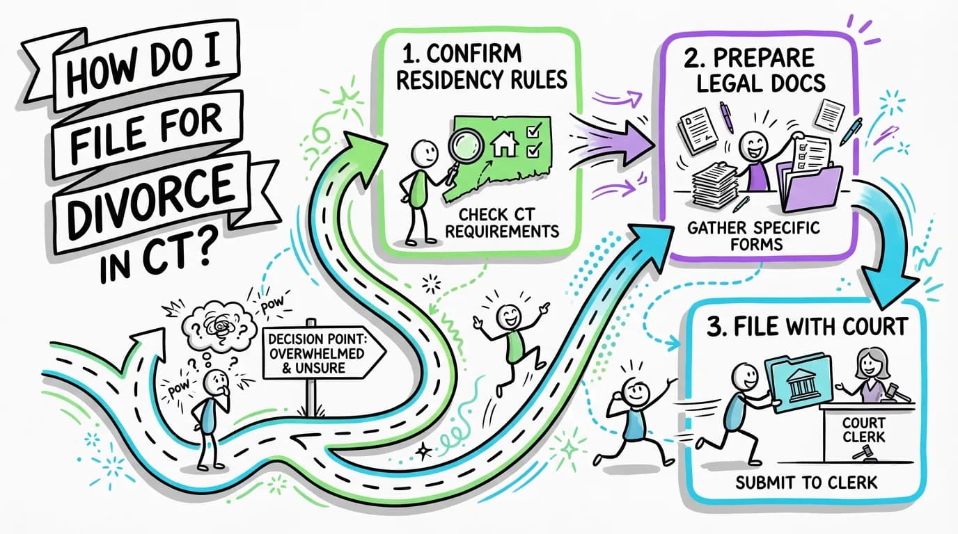 Sketchnote visual guide for How do I file for divorce in Connecticut?