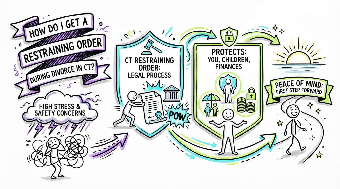 Sketchnote visual guide for How do I get a restraining order during divorce in Connecticut?