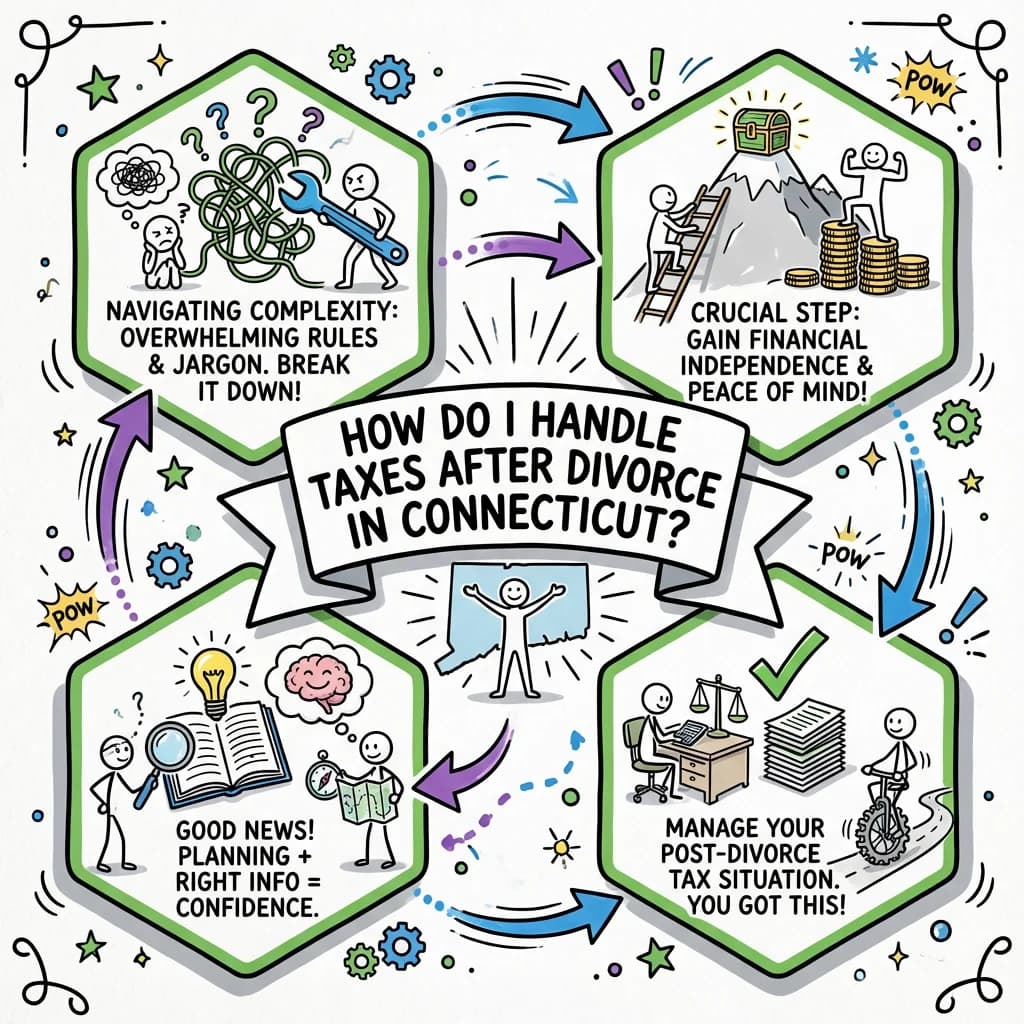Sketchnote visual guide for How do I handle taxes after divorce in Connecticut?
