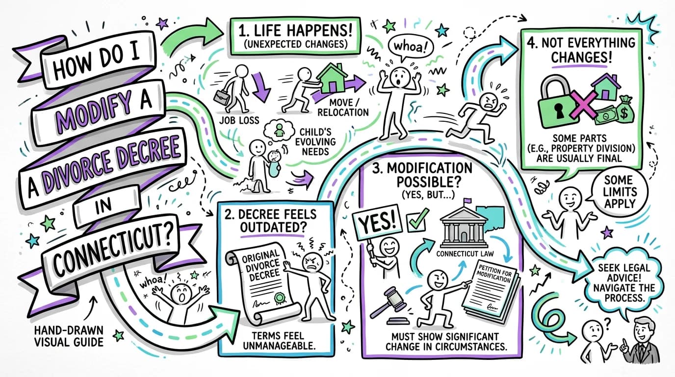 Sketchnote visual guide for How do I modify a divorce decree in Connecticut?