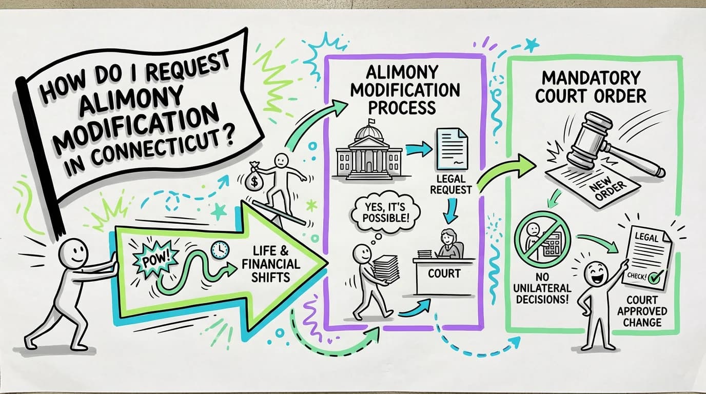 Sketchnote visual guide for How do I request alimony modification in Connecticut?