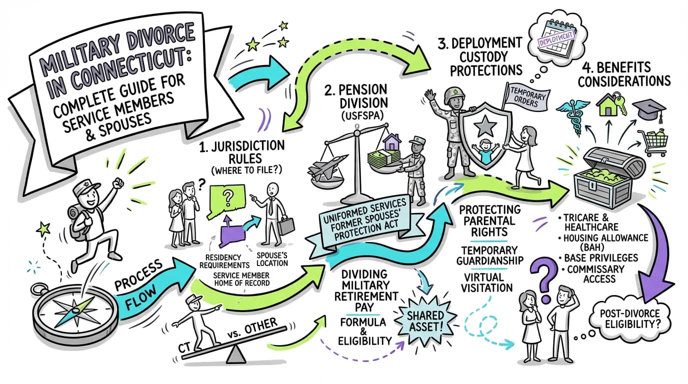 Visual overview showing the key steps and concepts for Military Divorce in Connecticut: Complete Guide for Service Members and Spouses in Connecticut