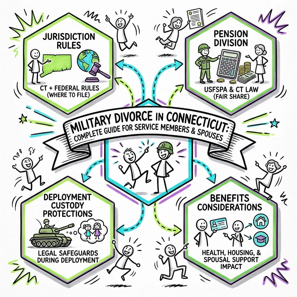 Illustrated guide summarizing the main points about Military Divorce in Connecticut: Complete Guide for Service Members and Spouses