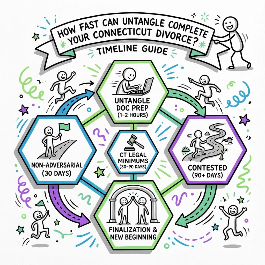 Illustrated guide summarizing the main points about How Fast Can Untangle Complete Your Connecticut Divorce? Timeline Guide