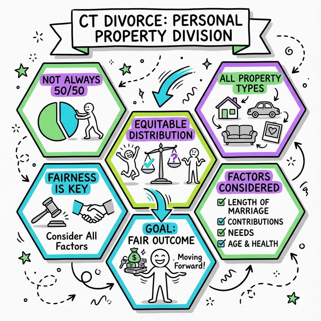 Sketchnote visual guide for How is personal property divided in Connecticut divorce?