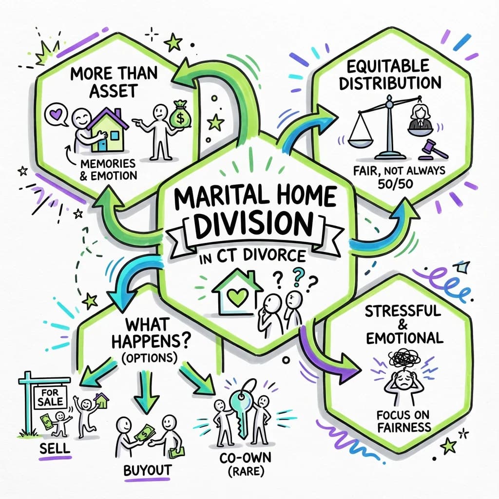 Sketchnote visual guide for How is the marital home divided in Connecticut divorce?