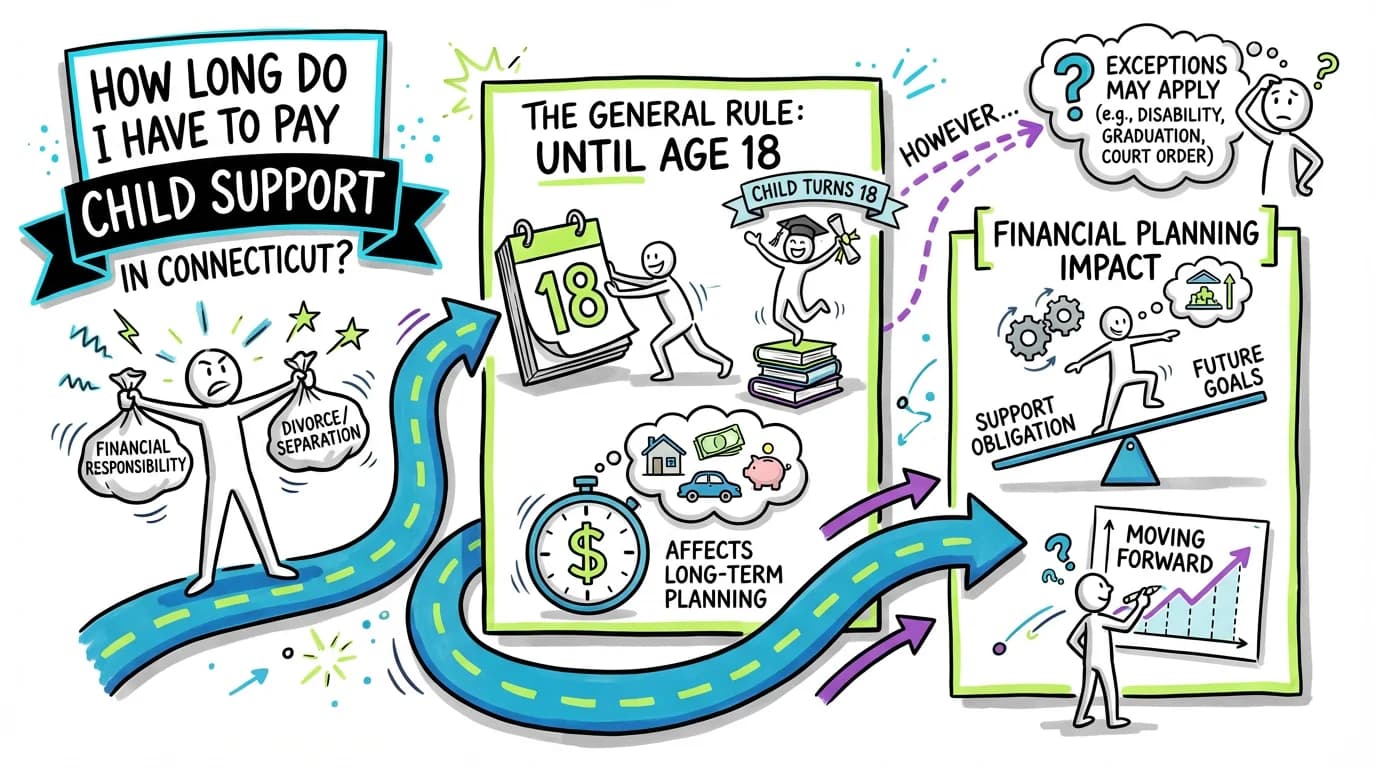 Sketchnote visual guide for How long do I have to pay child support in Connecticut?