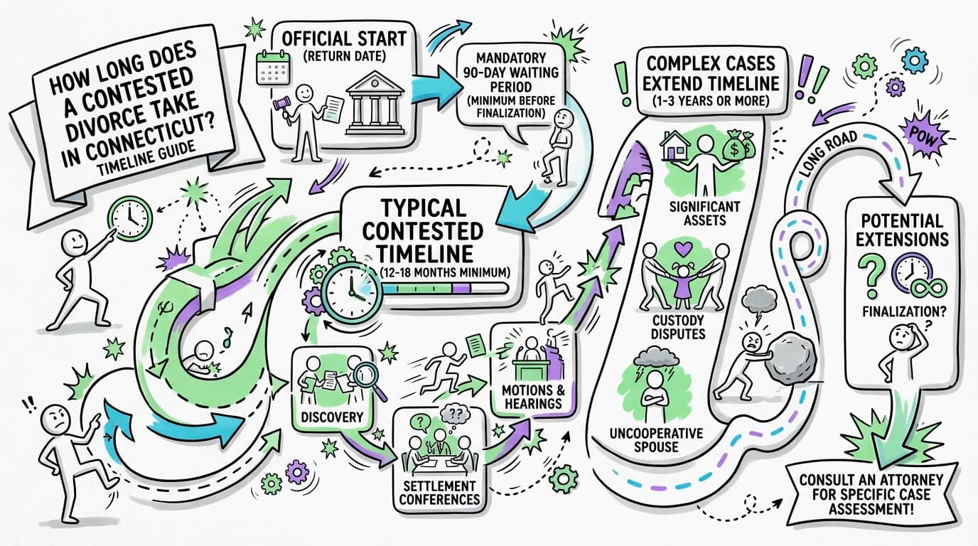 Sketchnote visual guide for How Long Does a Contested Divorce Take in Connecticut? Timeline Guide