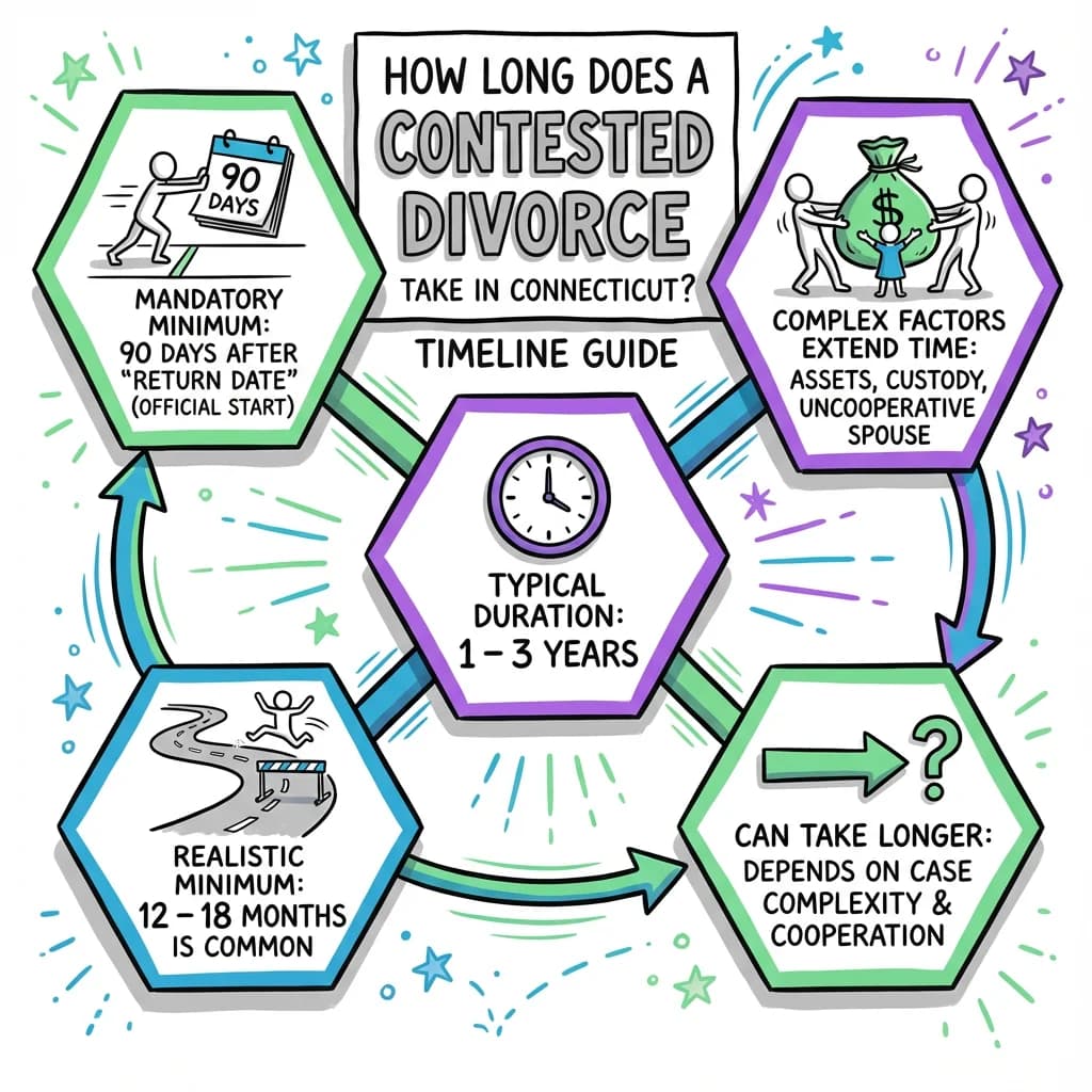Sketchnote visual guide for How Long Does a Contested Divorce Take in Connecticut? Timeline Guide