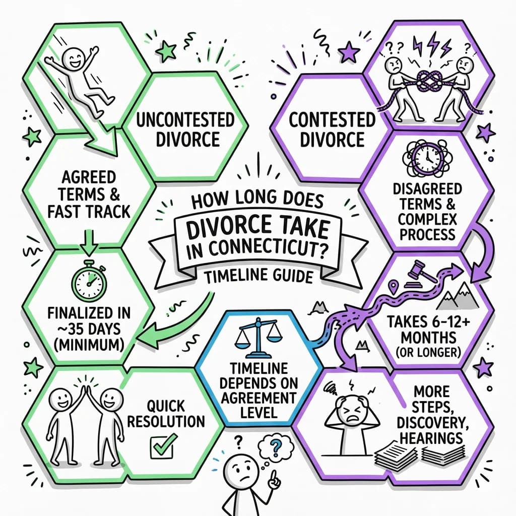 Illustrated guide summarizing the main points about How Long Does Divorce Take in Connecticut? Timeline Guide
