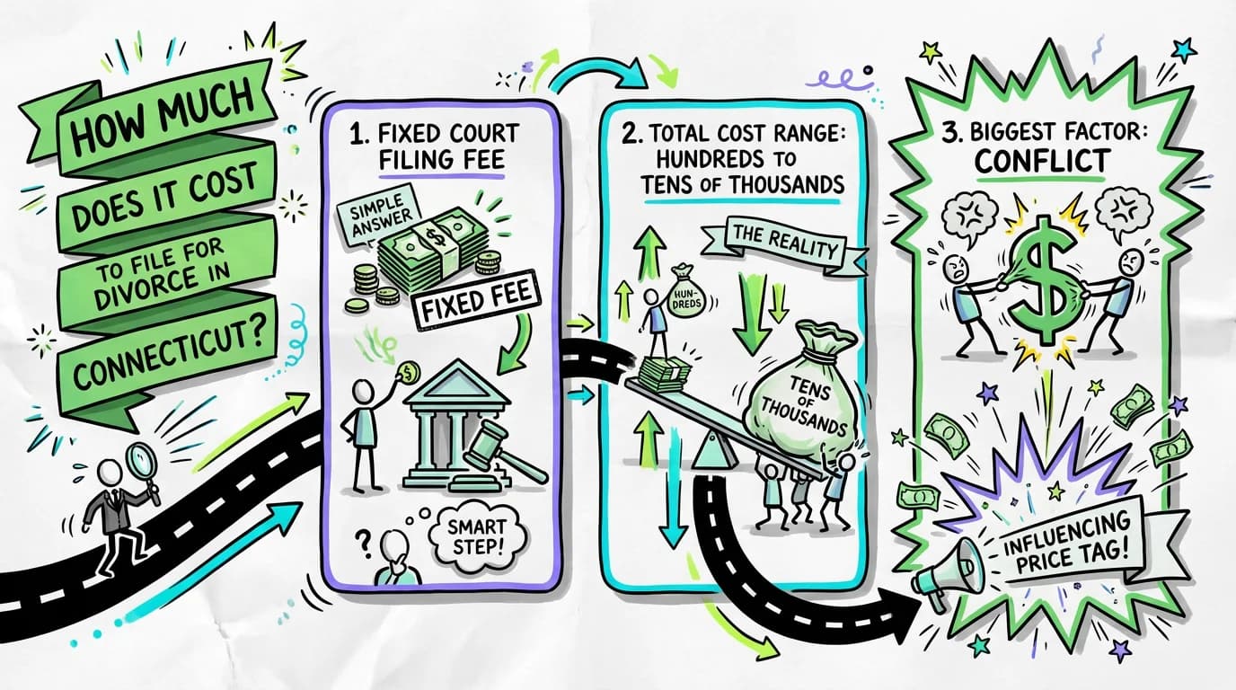 Sketchnote visual guide for How much does it cost to file for divorce in Connecticut?