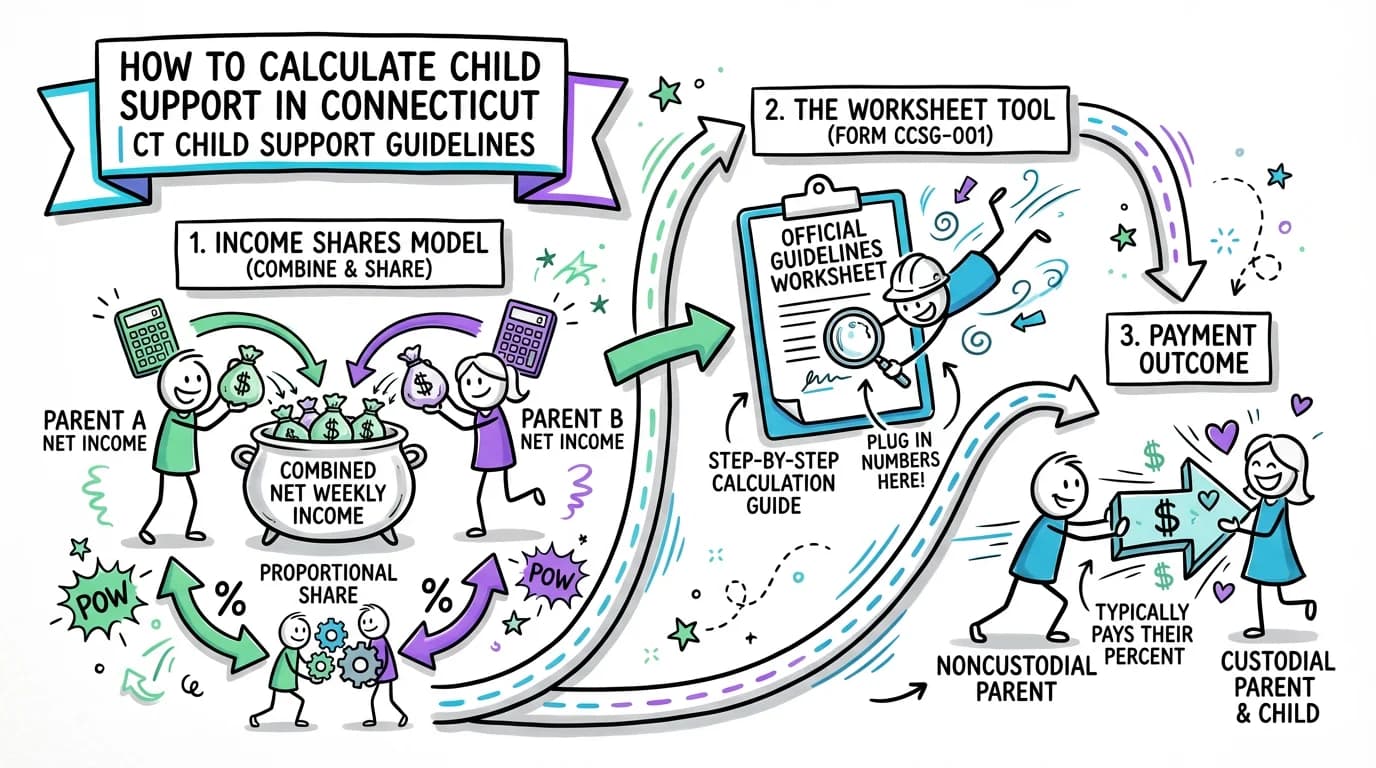 Sketchnote visual guide for How to Calculate Child Support in Connecticut | CT Child Support Guidelines
