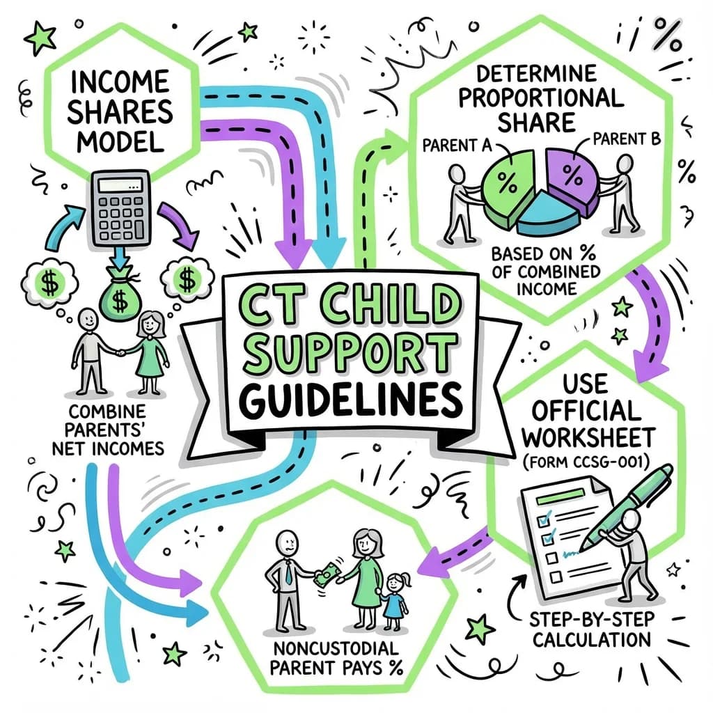 Sketchnote visual guide for How to Calculate Child Support in Connecticut | CT Child Support Guidelines
