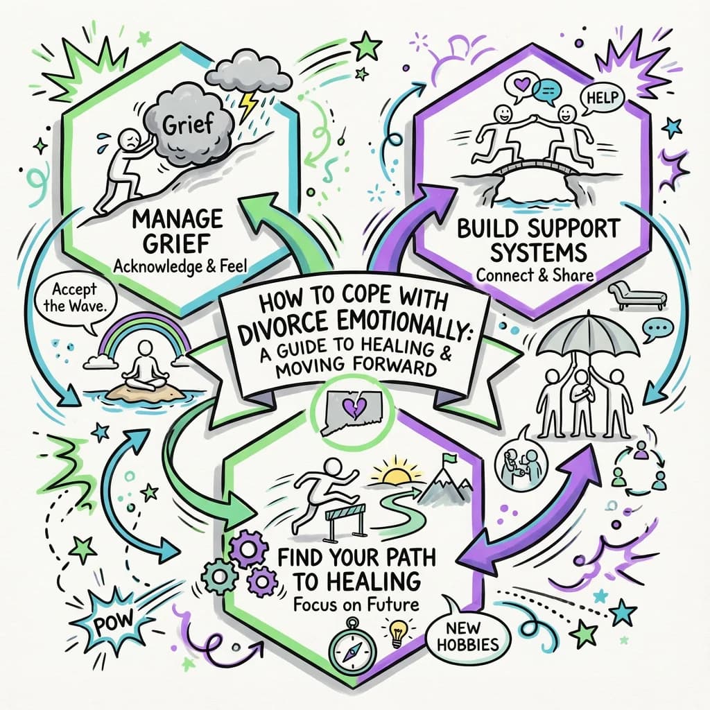 Illustrated guide summarizing the main points about How to Cope with Divorce Emotionally: A Guide to Healing and Moving Forward
