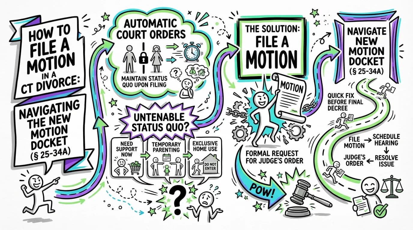 Sketchnote visual guide for How to File a Motion in a CT Divorce: Navigating the New Motion Docket (§ 25-34A)
