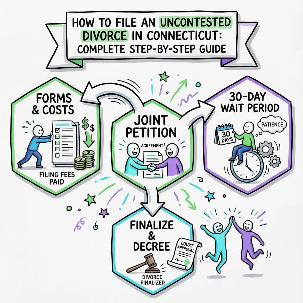 Illustrated guide summarizing the main points about How to File an Uncontested Divorce in Connecticut: Complete Step-by-Step Guide