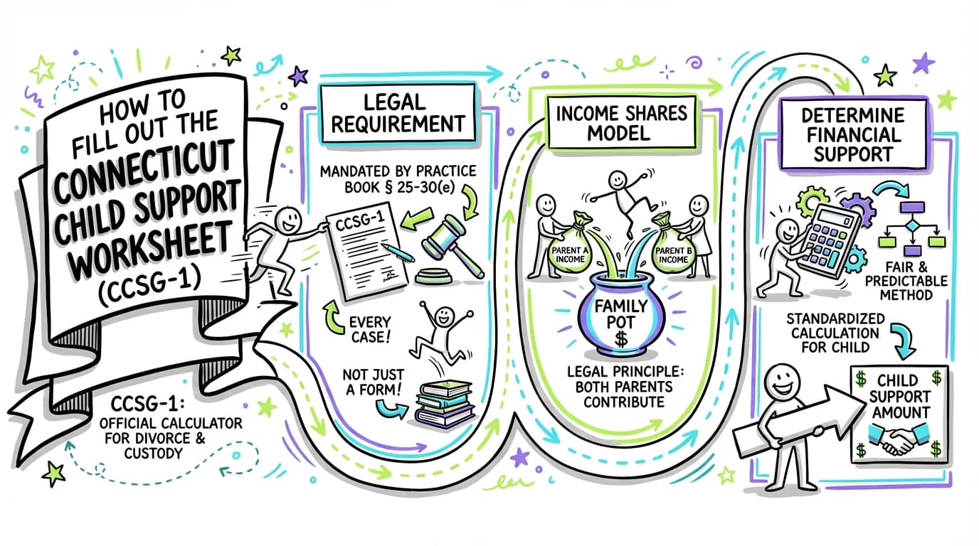 Sketchnote visual guide for How to Fill Out the Connecticut Child Support Worksheet (CCSG-1)