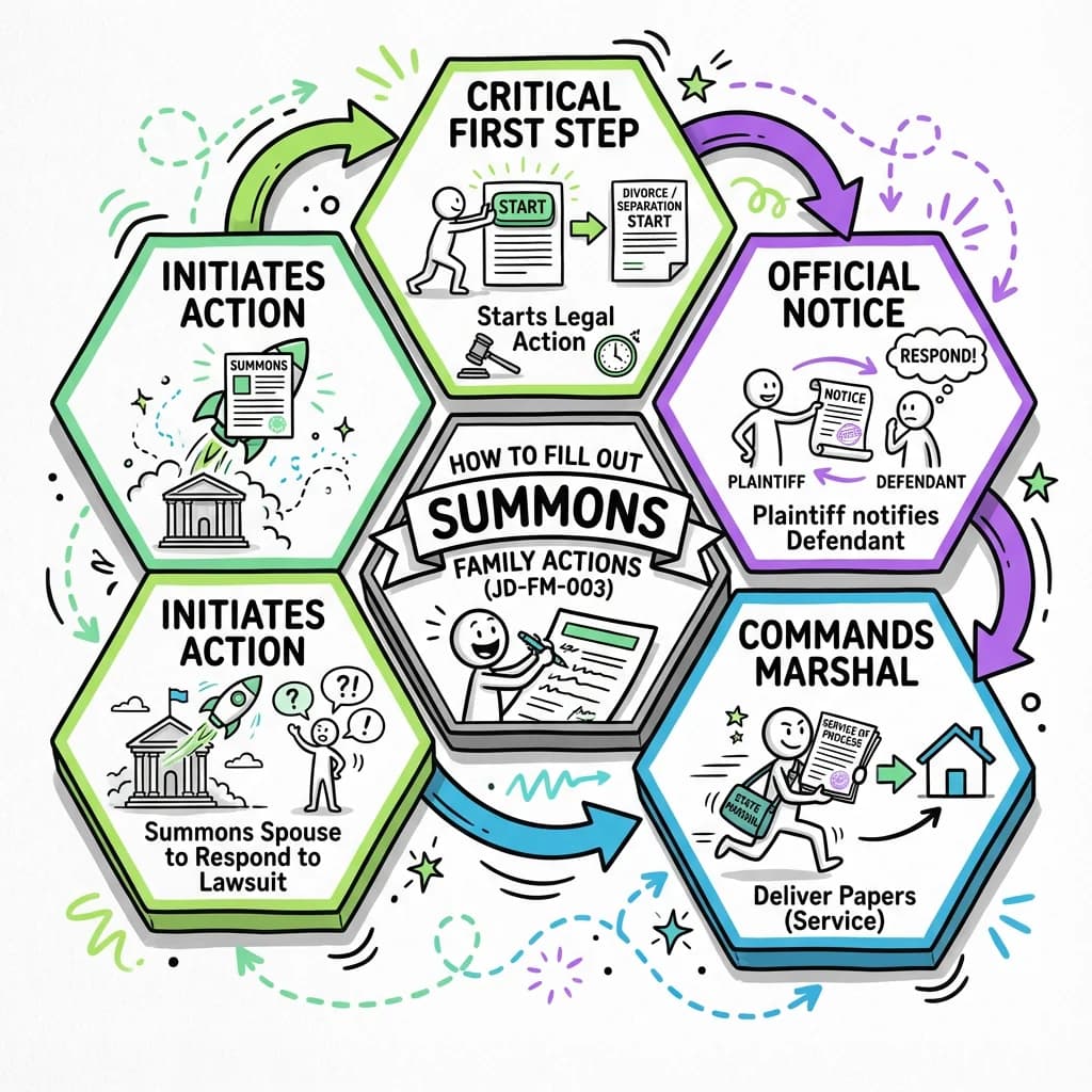 Sketchnote visual guide for How to Fill Out Summons Family Actions (JD-FM-003)