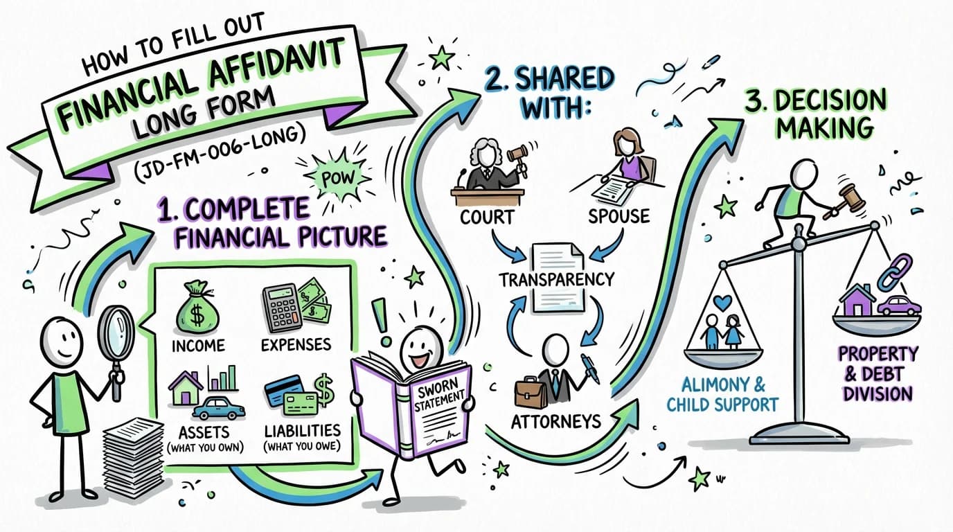 Sketchnote visual guide for How to Fill Out Financial Affidavit Long Form (JD-FM-006-LONG)